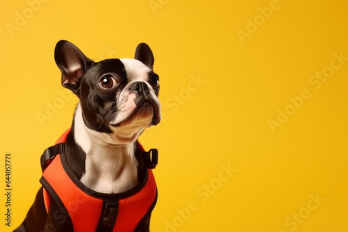 Lifestyle portrait photography of a cute boston terrier wearing a life jacket against a yellow background. With generative AI technology © Markus Schröder