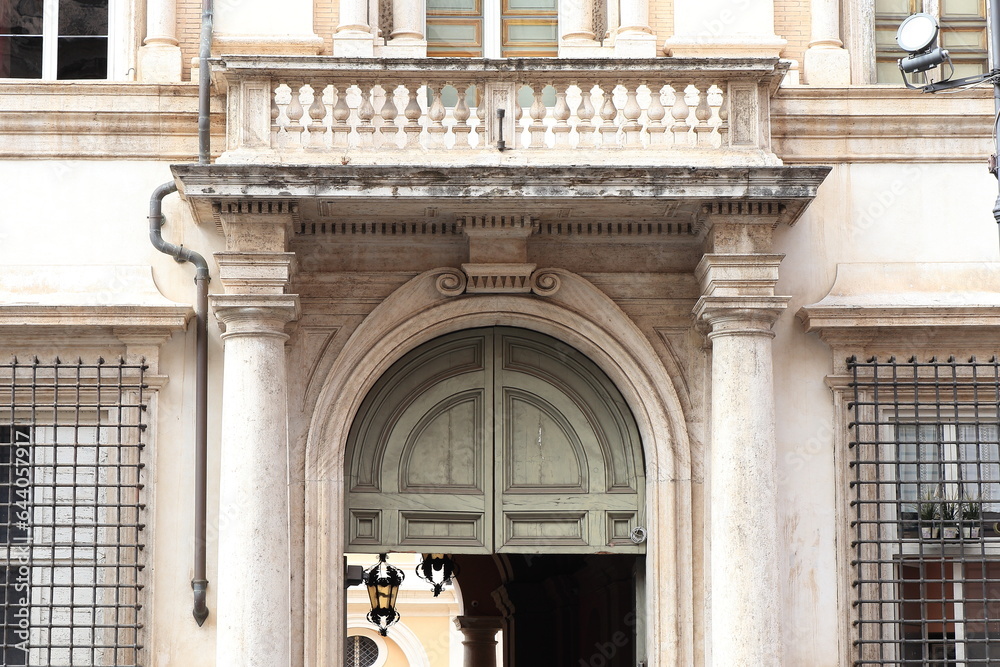 Piazza dei Santi Apostoli Square Building Entrance with Balcony Close Up in Rome, Italy