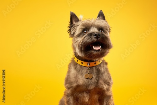 Lifestyle portrait photography of a happy cairn terrier wearing a spiked collar against a yellow background. With generative AI technology photo