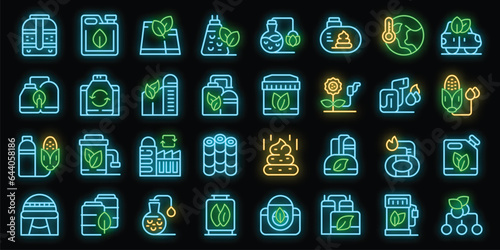 Biogas icons set outline vector. Energy biofuel. Corn plant neon color on black