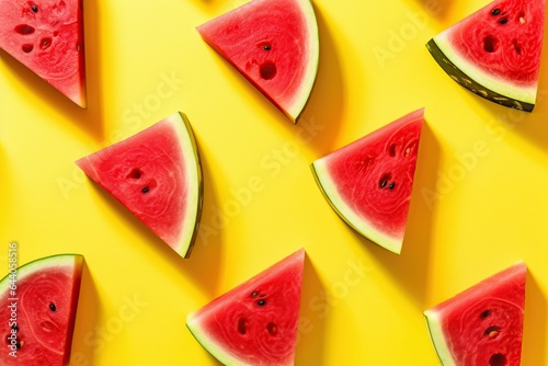 Sliced watermelon on yellow background. Generative AI