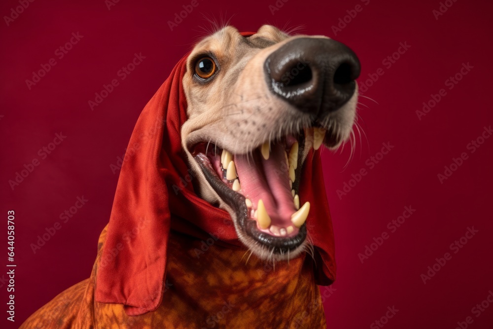 Obraz premium Studio portrait photography of a smiling afghan hound dog wearing a dinosaur costume against a burgundy red background. With generative AI technology