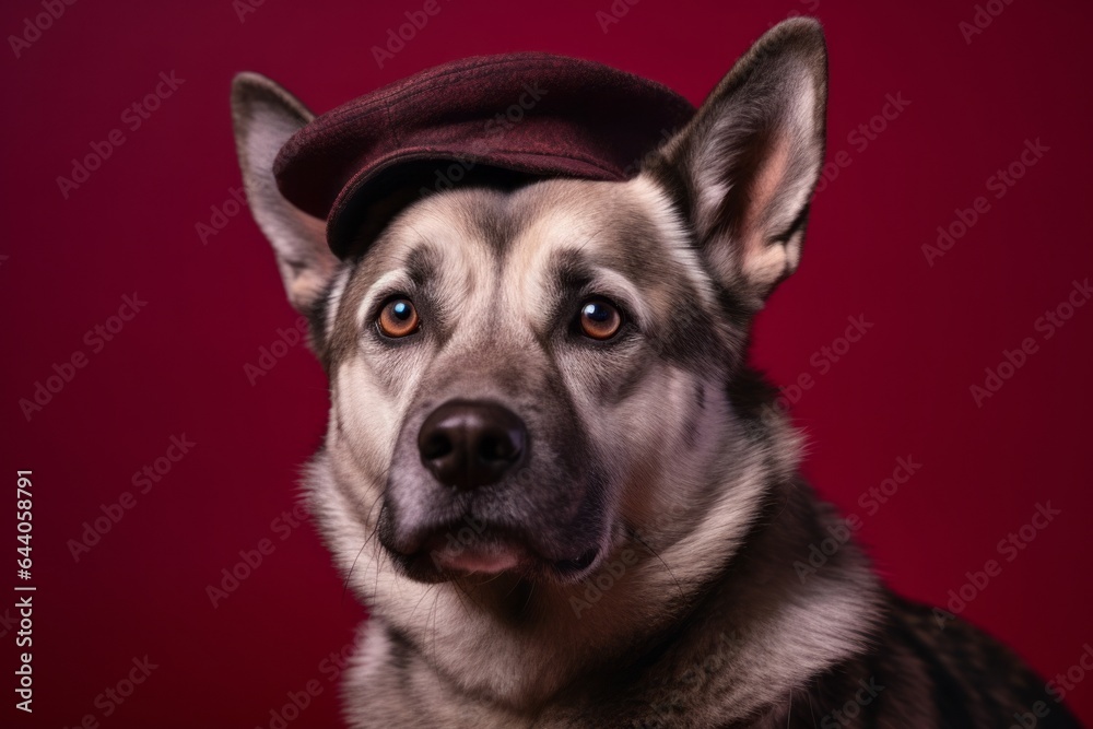 Fototapeta premium Headshot portrait photography of a cute norwegian elkhound wearing a beret against a burgundy red background. With generative AI technology