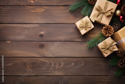 Christmas gift boxes on brown wooden background