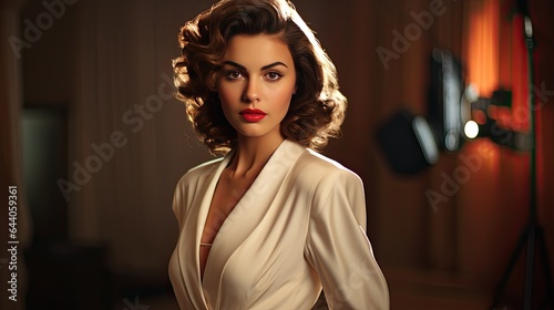 Model with a classic Hollywood glamour look, set in a studio resembling old movie sets photo