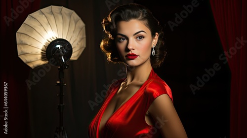 Model with a classic Hollywood glamour look, set in a studio resembling old movie sets