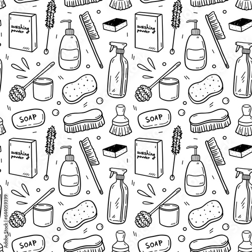 Seamless pattern with cleaning items - soap, scrub brushes, washing powder, spray bottle, toilet brush, sponges. Vector hand-drawn illustration in doodle style.Perfect for print, wallpaper, decoration