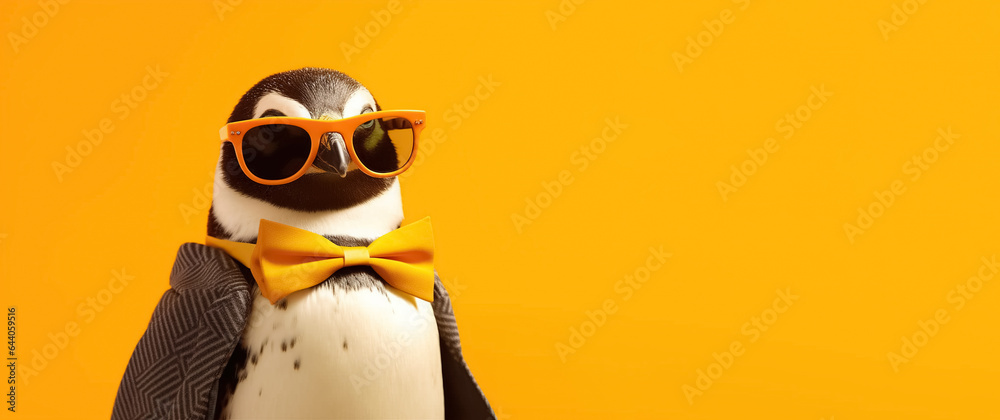 Obraz premium penguin in sunglasses, panoramic layout. Generative Ai