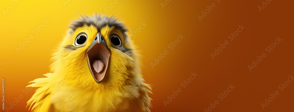 surprised baby chicken over yellow background, panoramic layout. Generative Ai - obrazy, fototapety, plakaty 