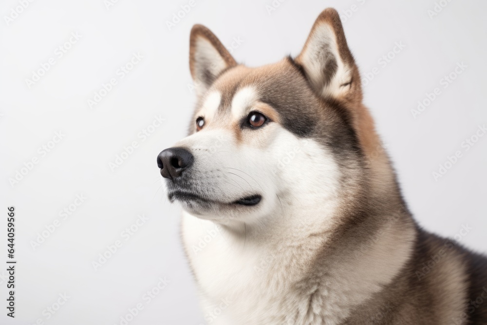 Close-up portrait photography of a cute akita wearing a denim vest against a pearl white background. With generative AI technology