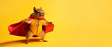 squirrel in superhero cape over yellow background, panoramic layout. Generative Ai