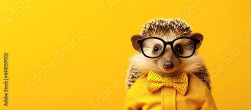 hedgehog in glasses over yellow background, panoramic layout. Generative Ai