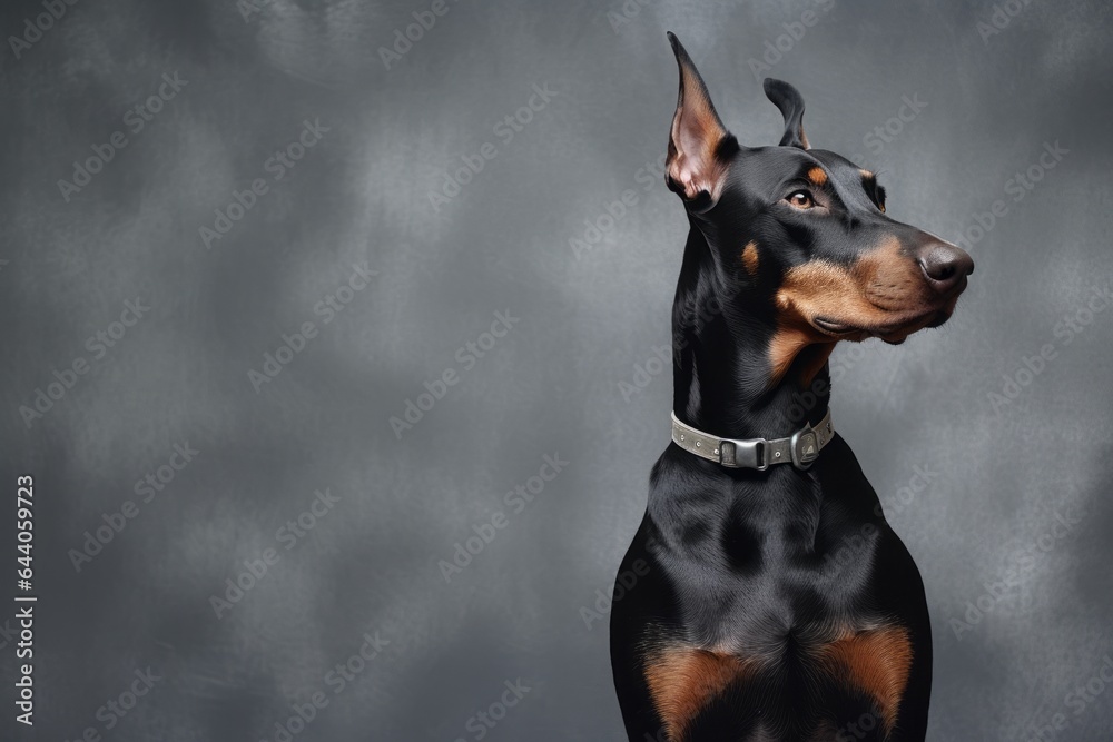 Photography in the style of pensive portraiture of a happy doberman pinscher wearing a bandage against a metallic silver background. With generative AI technology Photography in the style of pensive portraiture of a happy doberman pinscher wearing a bandage against a metallic silver background. With generative AI technology