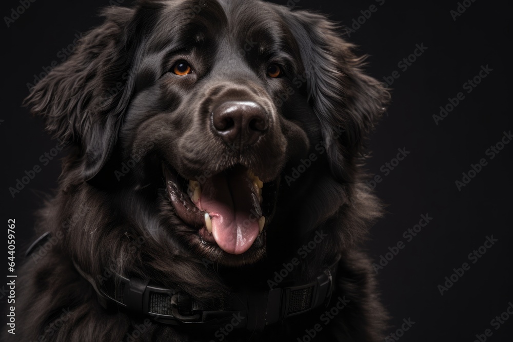 Close-up portrait photography of a smiling newfoundland dog wearing a harness against a metallic silver background. With generative AI technology