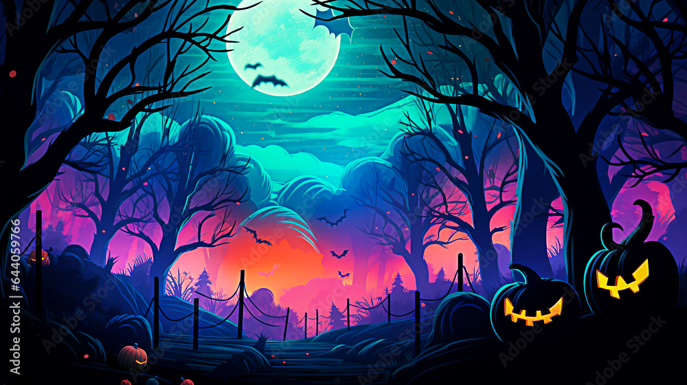 Halloween background with scary pumpkins and trees. Design illustration. Selective focus. 