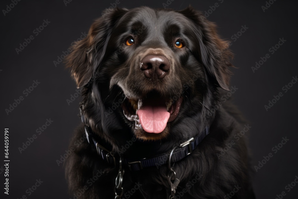 Close-up portrait photography of a smiling newfoundland dog wearing a harness against a metallic silver background. With generative AI technology