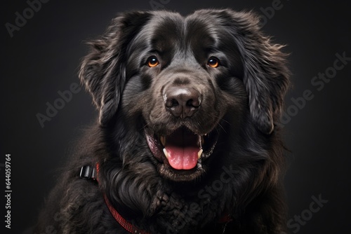 Close-up portrait photography of a smiling newfoundland dog wearing a harness against a metallic silver background. With generative AI technology © Markus Schröder