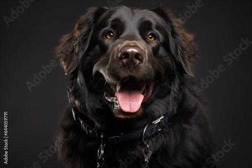 Close-up portrait photography of a smiling newfoundland dog wearing a harness against a metallic silver background. With generative AI technology © Markus Schröder