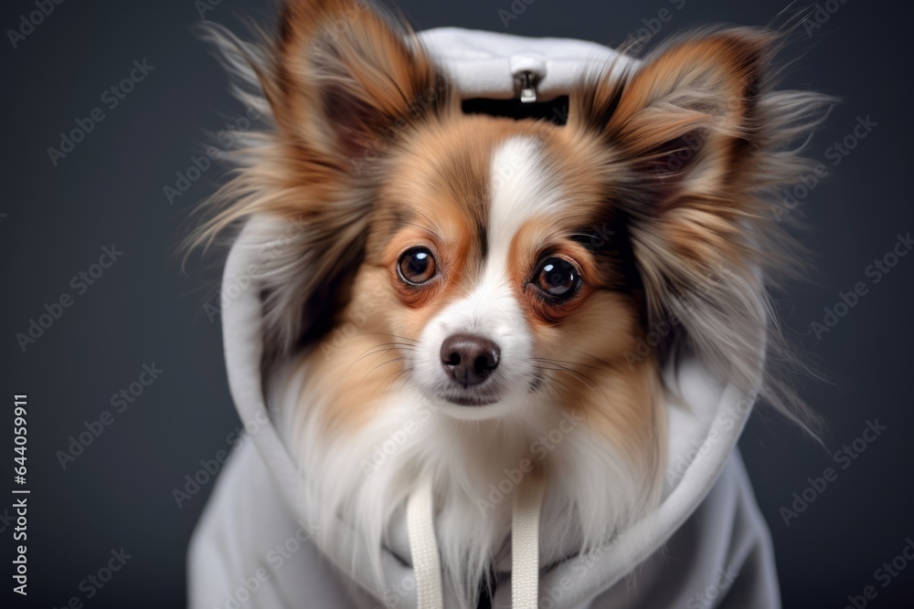 Close-up portrait photography of a cute papillon dog wearing a fluffy hoodie against a metallic silver background. With generative AI technology