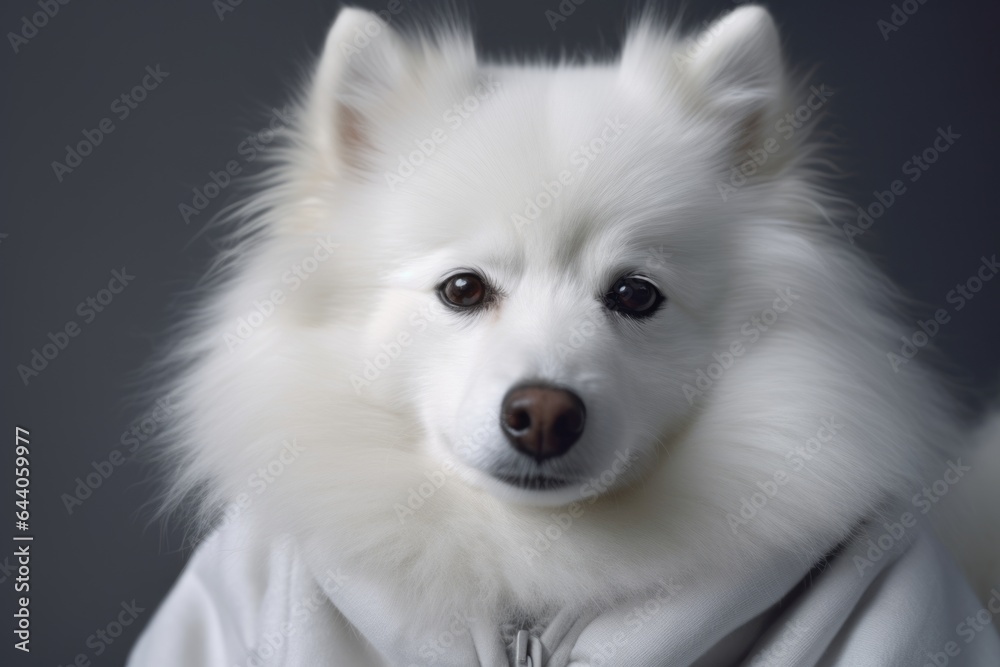 Close-up portrait photography of a tired american eskimo dog wearing a plush robe against a metallic silver background. With generative AI technology