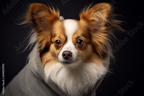 Close-up portrait photography of a cute papillon dog wearing a fluffy hoodie against a metallic silver background. With generative AI technology