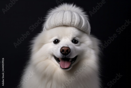 Medium shot portrait photography of a smiling american eskimo dog wearing a winter hat against a metallic silver background. With generative AI technology © Markus Schröder