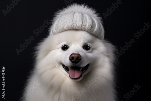 Medium shot portrait photography of a smiling american eskimo dog wearing a winter hat against a metallic silver background. With generative AI technology