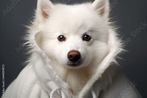 Close-up portrait photography of a tired american eskimo dog wearing a plush robe against a metallic silver background. With generative AI technology © Markus Schröder