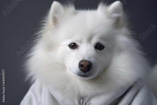 Close-up portrait photography of a tired american eskimo dog wearing a plush robe against a metallic silver background. With generative AI technology