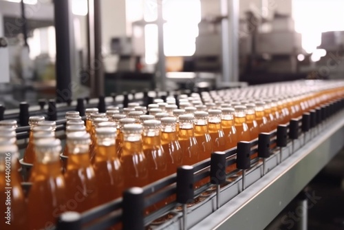 Factory produces delicious beverage on assembly line. Generative AI