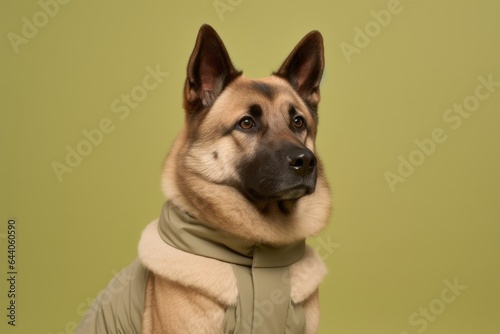 Lifestyle portrait photography of a funny norwegian elkhound wearing a therapeutic coat against a beige background. With generative AI technology