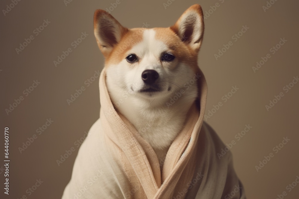 Environmental portrait photography of a cute norwegian lundehund wearing a plush robe against a beige background. With generative AI technology