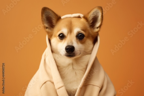 Environmental portrait photography of a cute norwegian lundehund wearing a plush robe against a beige background. With generative AI technology © Markus Schröder
