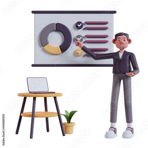 man talking pointing at presentation on white board explaining marketing data
