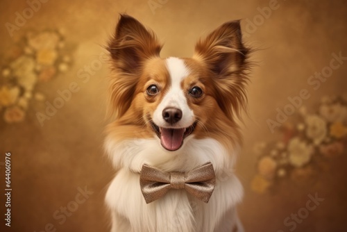 Lifestyle portrait photography of a happy papillon dog wearing a dapper suit against a warm taupe background. With generative AI technology photo