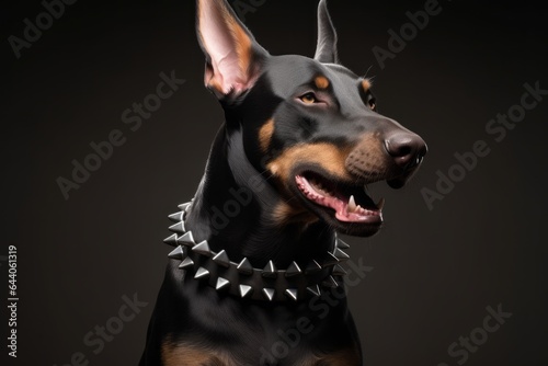 Medium shot portrait photography of a funny doberman pinscher wearing a spiked collar against a cool gray background. With generative AI technology photo