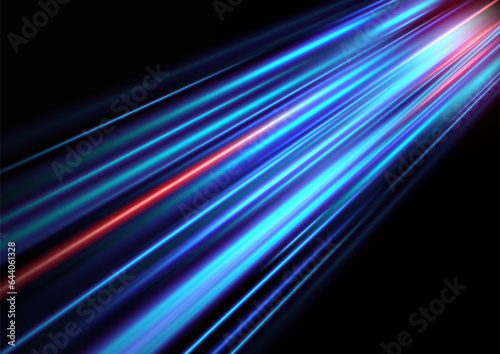 Blue glowing shiny speed lines effect vector background. Glowing speed lines. Light shining effect. Light trail wave, fire path trail line and filament curve rotation.