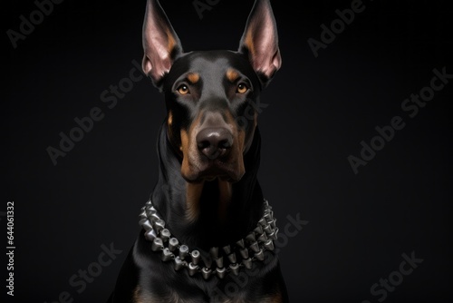 Medium shot portrait photography of a funny doberman pinscher wearing a spiked collar against a cool gray background. With generative AI technology photo