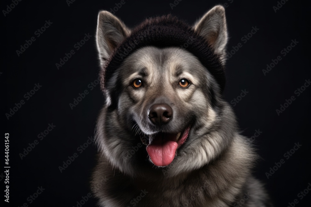 Close-up portrait photography of a smiling norwegian elkhound wearing a winter hat against a cool gray background. With generative AI technology