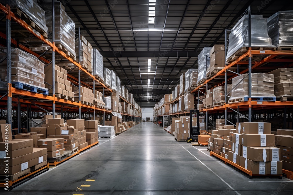 Large warehouse with shelves and boxes.