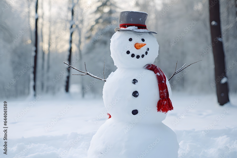 Snowman in snowy mountain. Winter season background.