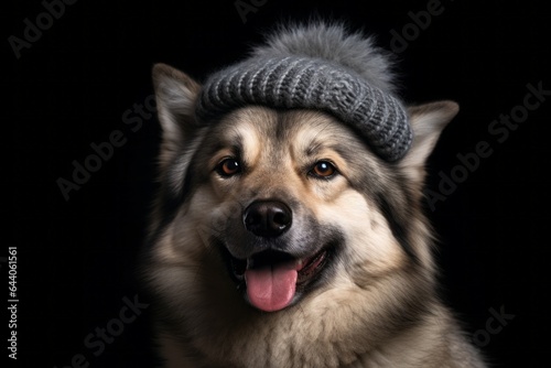 Close-up portrait photography of a smiling norwegian elkhound wearing a winter hat against a cool gray background. With generative AI technology