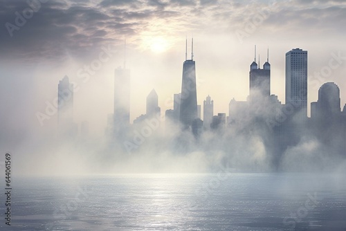 Chicago skyline embraced by ethereal morning haze. Generative AI