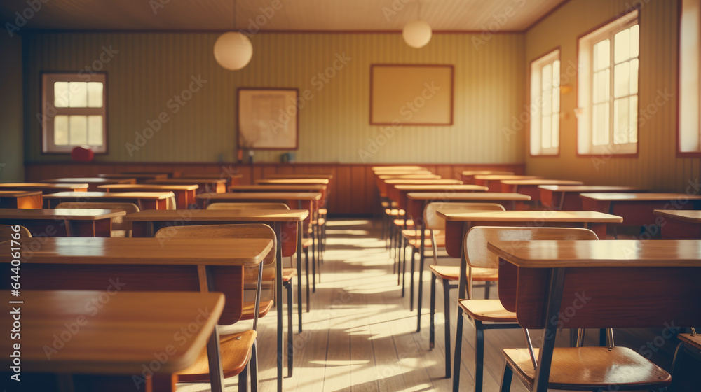 Classroom interior with school desks and chairs for teaching and learning by students.