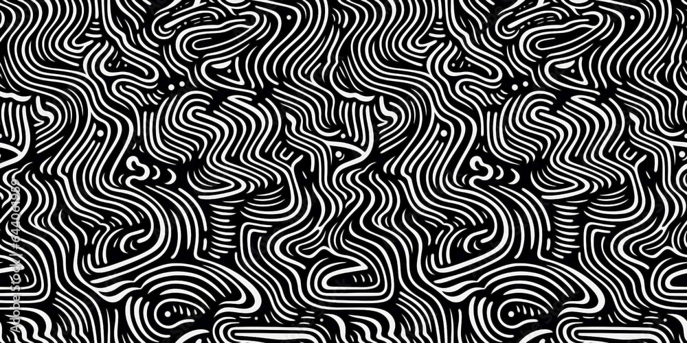 Abstract doodle of lines, spots and smudges in a seamless repeating pattern in black and white.