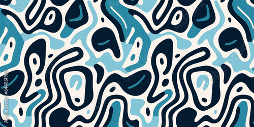 Abstract doodle of lines  spots and blotches in a seamless repeating pattern in blue.