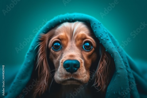 Close-up portrait photography of a cute cocker spaniel wearing a thermal blanket against a tropical teal background. With generative AI technology
