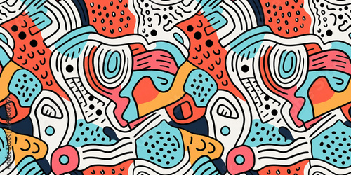Abstract doodle of lines, spots and smudges in a seamless repeating pattern.