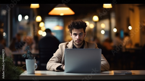 Young entrepreneur using a laptop, male businessperson or scholar with a computer in a cafe, sitting at a table and making direct eye contact with the camera.