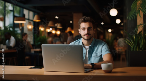 Young entrepreneur using a laptop, male businessperson or scholar with a computer in a cafe, sitting at a table and making direct eye contact with the camera.